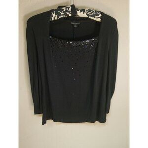 Lafayette 148 New York Womens Sequin Top Sz Medium Black Long Sleeve Square Neck